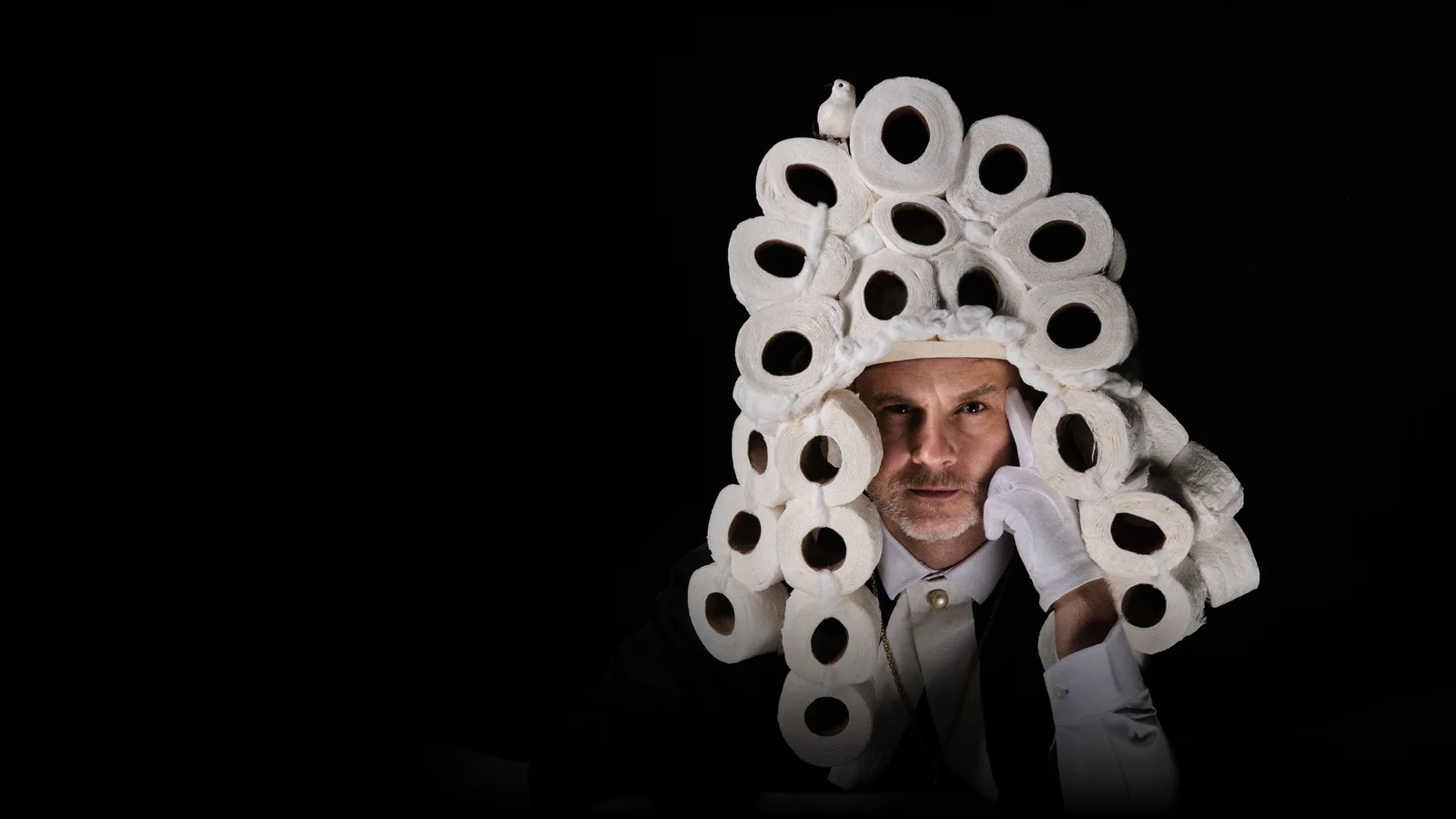 The Judge in his wig of toilet rolls, photographed for the Flushment Day poster.